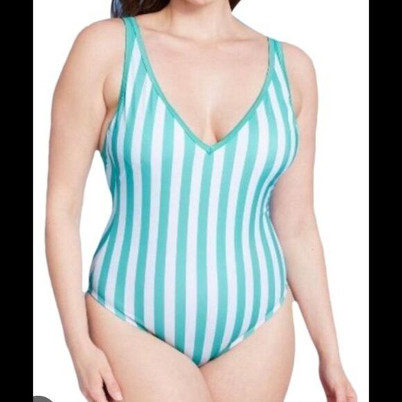 Kona SOL STRIPED BLUE ONE PIECE SWIMM SUIT 14 W NEW - Picture 2 of 8